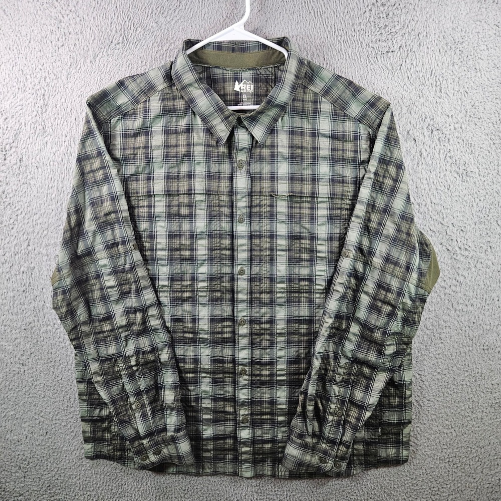 REI Coop Mens Plaid Long Sleeve Button Up‎ Shirt XL Green Hiking Outdoor